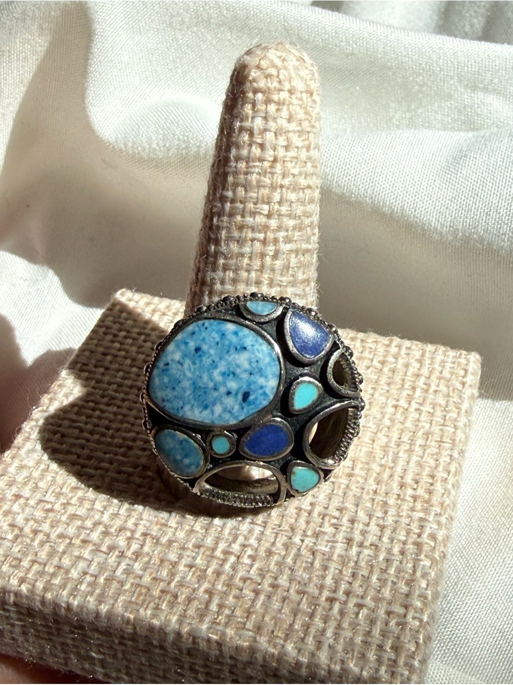 Sterling Silver Inlay Turquoise Circle Ring Signed CFJ